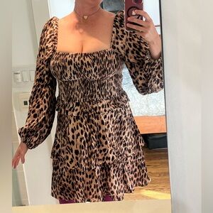Figue Marcella leopard-print puff-sleeve tiered smocked mini dress